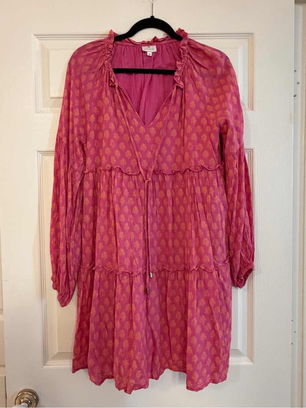 Pink Tiered Long-Sleeve Dress with Gold Motif